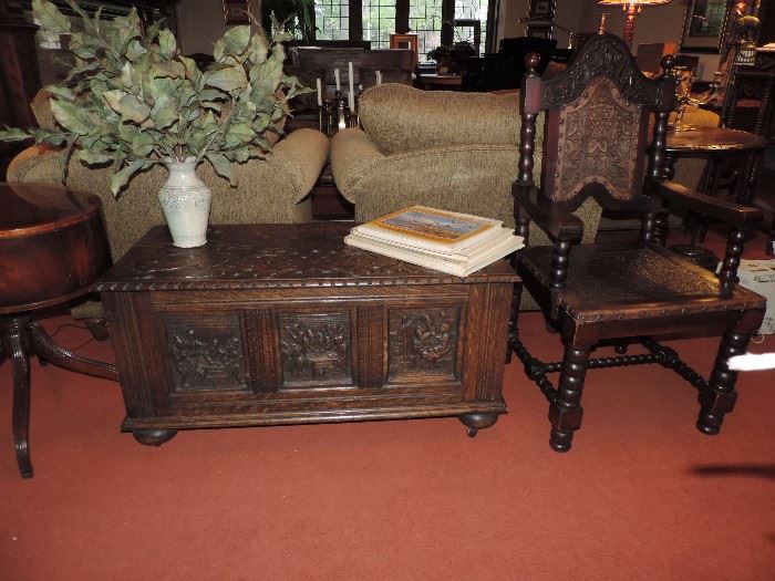 English carved lift top trunk  - side chair 