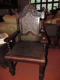 Tooled Leather and Carved Wood Antique Armchair 