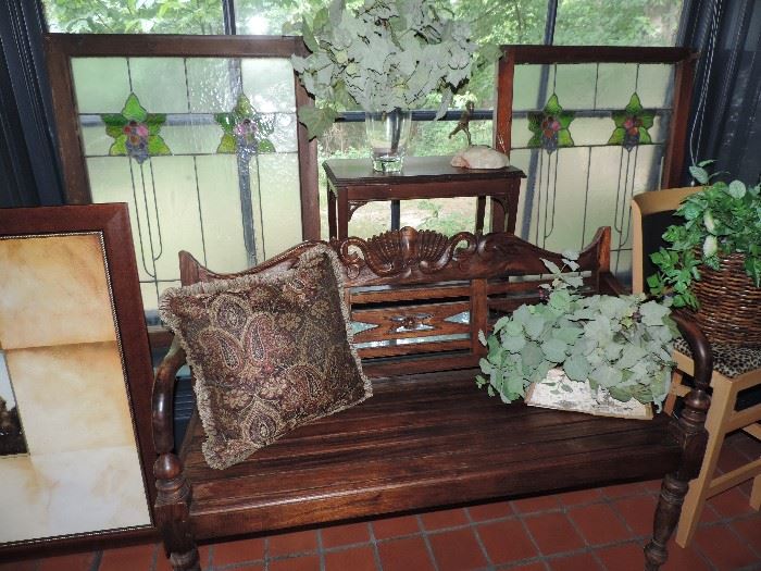 More lovely leaded glass (antique) shown with a carved wood bench and accessories 