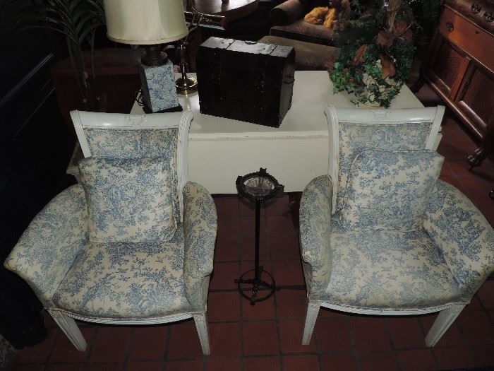 Painted chairs in Toile pattern (some wear to the arms) 