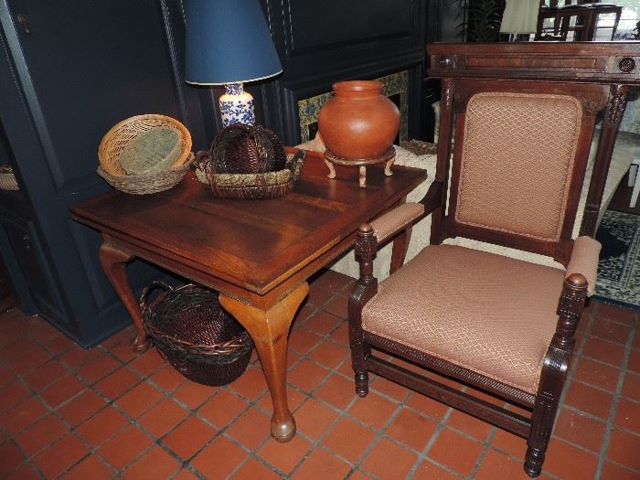 square extendable antique table, Eastlake LARGE chair, baskets … 