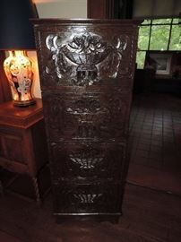 late 20thC. 4 drawer file cabinet - carved front 