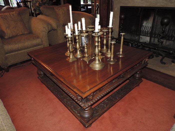 Unique English Vintage Square low table with carved cherubs and lion heads ! 