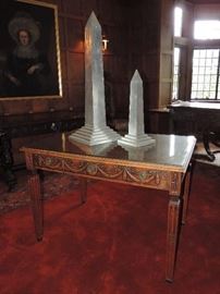 19th Century Adams style 1-drawer desk - shown with a LARGE 1980's Arthur Court Obelisk and smaller.