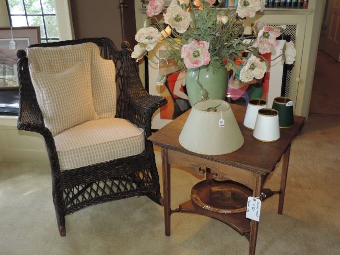 Antique Wicker Rocker, side table and accent items 
