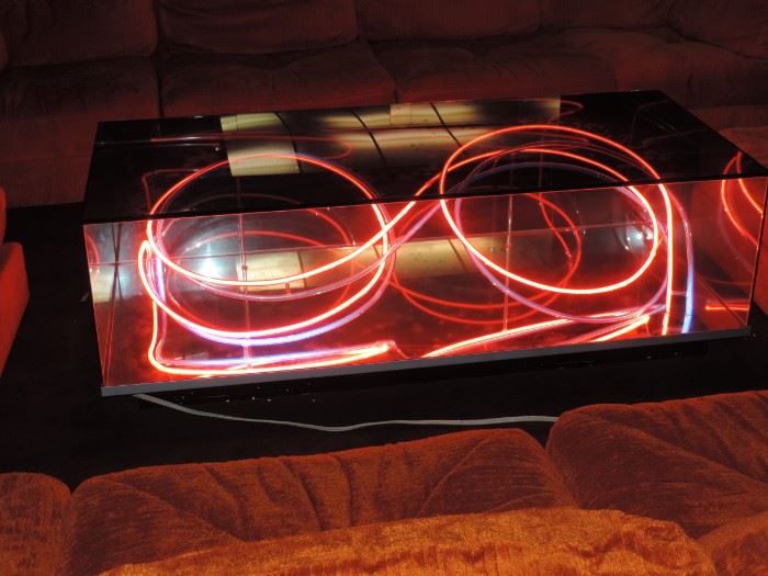 shown plugged in...this is a RARE NEON TABLE "Gemini" ...2-tone neon - under smoky and clear glass...WORKS GREAT !