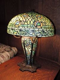 1980s "Tiffany" Style Peacock Bronze and Glass Table Lamp.