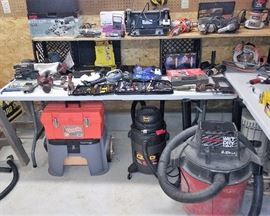 bench grinder, shop vacs, joiner, drills, impact driver and sockets