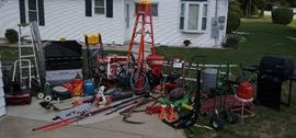 Snapper snow blower, Lawn Boy mulcher mower, Craftsman lawn sweep, Stihl leaf blower, weed whip, pole saw, MTD edger, Generac 500xl generator, Simplicity shredder, Generac power washer, Husky power washer, Werner ladder, gas grill, hose carts