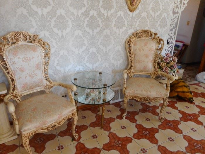 Shabby Chic Hand Carved Italian Provincial Silk Brocade Pink/White  Arm Chairs. 2 Tier Glass Occasional Table 