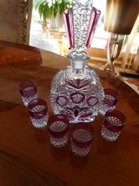 Vintage Cranberry Crystal Decanter Liquor Glasses 