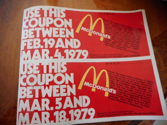 McDonald Coupons  from 39 Years ago..Maybe they got the order right back then..!