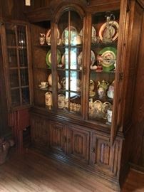 oak china cabinet and antique glassware
