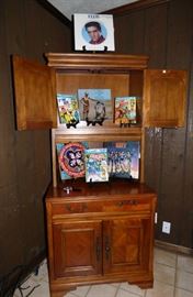 Vintage LP's, Computer Cabinet with roll-down top in middle