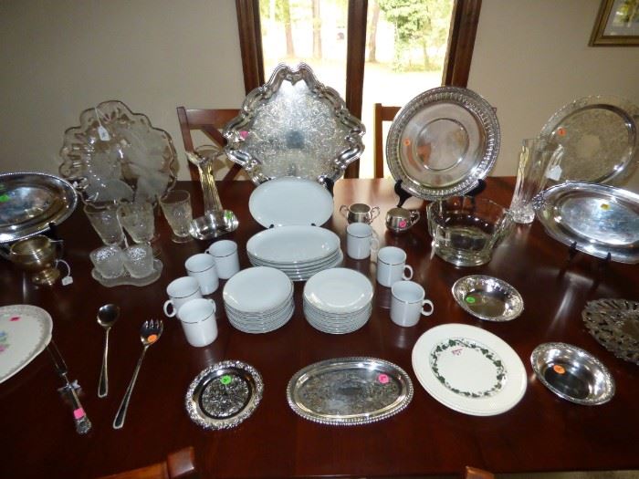 Silverplate serving platterys, bowls, Eastern china, etc