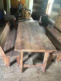 8' pine dining tables with two benches each (folding)