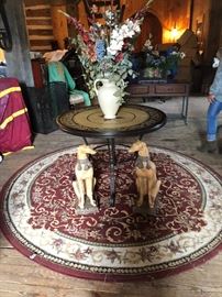 Round Rug -Table-Composite Dog Statues- Vase with Silk Flowers