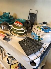 VINTAGE CASSEROLE DISHES, SHREDDER, TOOLS