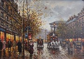 Antoine Blanchard (French, 1910-1988)
Boulevard de la Madeline, Paris en 1900 
Oil on canvas 
Signed Antoine Blanchard (lower right); signed, titled and stamped (verso)
13 x 18 inches.
This piece is accompanied with a letter of authenticity from Rehs. 
