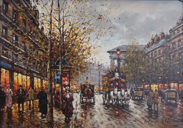Antoine Blanchard (French, 1910-1988)
Boulevard de la Madeline, Paris en 1900 
Oil on canvas 
Signed Antoine Blanchard (lower right); signed, titled and stamped (verso)
13 x 18 inches.
This piece is accompanied with a letter of authenticity from Rehs. 