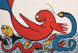 Alexander Calder (American, 1898-1976)
Snakes and Fish in the Sea
Color lithograph on cream wove paper, c. 1980
Signed in pencil Calder (lower right); numbered in pencil 58/75 (lower left) 
26 x 38 ¼  inches 
