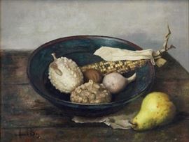 Henk Bos (Dutch, 1901-1979)
Blue Dish with Dried Corn
Oil on canvas
Signed Henk Bos (lower left); signed  and titled  (verso)
14 x 18 inches.
Frame: 22 x 25.5 inches 
