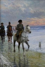 Jan Van Chelminski (Polish, 1851-1925)
Napoleon on Horseback, c. 1900 
Oil on wood panel
Signed Jan V. Chelminski (lower left) 
17 x 11 5/8 inches.
