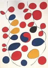 Alexander Calder (American, 1898-1976)
Loops
Color lithograph on Arches, c. 1970
Signed in pencil Calder (lower right); numbered in pencil 62/90 (lower left)
32 x 22 ¾ inches.
