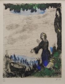 Marc Chagall (Russian/French, 1887-1985)
Moses Saved from the Water (Cramer #30)
Etching with hand-coloring on Arches wove paper, 1958
Initialed in pencil M. Ch. (lower right); numbered in pencil 67/100 (lower left); from the portfolio The Bible Etchings 
11 ¼ x 8 7/8 inches.
