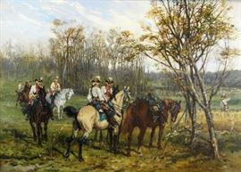 Jan Van Chelminski (Polish, 1851-1925)
Cavalrymen on Horseback, 1875
Oil on canvas laid to board
Signed Jan Chelminski and dated (lower right)
17 x 23 5/8 inches.

