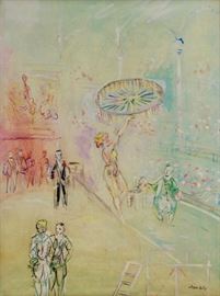 Jean Dufy (French, 1888-1964)
La fil-de-fériste, c. 1938
Watercolor and gouache on card
Signed Jean Dufy (lower right)
22 x 27 3/8 inches
The authenticity of this work has been confirmed by Jacques Bailly and will be included in the forthcoming catalogue raisonné. This work is accompanied by a certificate of authenticity, no. 4616, and is signed and dated May 3, 2017.