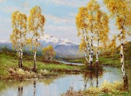 Alfred Fontville De Breanski, Jr. (British, 1877-1957)
In a Cumberland Dale, c. 1910 
Oil on canvas
Signed A de Breanski jr. (lower right); signed and titled (verso)
17 ¾ x 24 inches.
