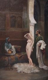 Continental (Early 20th Century)
Nude Woman Presented to Man
Oil on canvas 
50 x 29 ½ inches.
