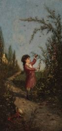 Girl Picking Flowers, 1880
T.H. Tompkins
(American School)
Size: 29 x 14 in.
Framed: 38.5 x 23 in.
Oil on canvas 
Signed and dated (lower left)
