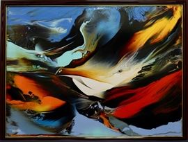 Leonardo Nierman (Mexican, b. 1932)
Crater of Light, c. 1965
Acrylic on masonite
Signed Nierman (lower left); titled (verso)
23 ½ x 31 ½ inches.
