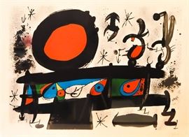 Joan Miro (Spanish, 1893-1983)
Size (h w d): 21 x 29 in
Medium: Color Lithograph on Paper
Subject Matter: Abstraction
Framed Size (h w d): 30 x 37.625 in
One color lithograph on paper depicting a color abstraction. The artwork is matted and housed in a simple, black, metal frame.
Circa: 1971 
Edition: 16/75 
Inscriptions: signed in graphite BRC; numbered in graphite BLC
