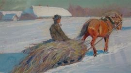 Evdokim Egoroff (Russian, 1832-1891)
Pulling Hay in Snow
Watercolor 
Signed A. Egoroff (lower left)
15 x 21 inches.
