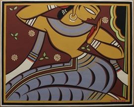Jamini Roy (Indian, 1887-1972)
Untitled (Kneeling Woman), c. 1960
Gouache on card
Signed in Bengali (lower right)
22 3/8 x 28 1/2 inches.
