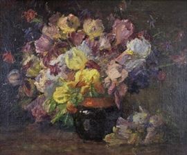 Theodore Clement Steele (American, 1847-1926)
Floral Still Life
Oil on canvas
Estate stamped #514 (verso)
20 x 24 inches.
