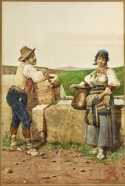 Filippo Indoni (Italian, born c.1842-died c. 1908)
Two Peasants 
Watercolor on paper
Signed F Indoni (lower right)
20 x 13 inches.
