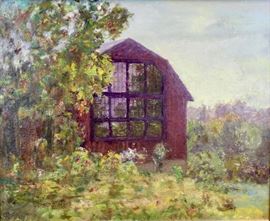 Theodore Clement Steele (American, 1847-1926)
The Artist’s Studio
Oil on canvas
Estate stamped #544 (verso)
22 x 27 inches.
