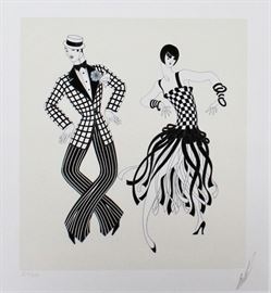 ERTÉ (Russian, 1892-1990)
Charleston Couple
Lithograph, 1980
Signed in pencil Erté (lower right); numbered in pencil 224/300 (lower left)
11 x 10 inches.
