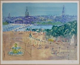 Jean Dufy (French, 1888-1964)
Place de la Concorde 
Color lithograph on B.F.K. Rives, c. 1960
Signed in pencil Jean Dufy (lower right); numbered in pencil  Epreuve d’artiste 12/30 (lower left)
19 1/8 x 25 inches.
