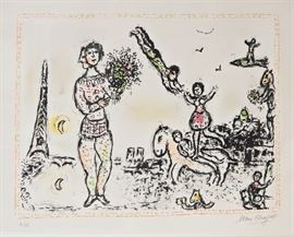 Marc Chagall French/Russian, 1887-1985
Size: 19.5 x 25.5 in.
Color lithograph on paper
Framed Size: 25.5 x 30.5 in.
Edition: 7/50
Signed in graphite (lower right)
Numbered in graphite (lower left)