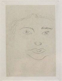 Iréne-Masque, c. 1914
Henri Matisse
French, 1869-1954
Chine-collé and etching
Size: 11 x 7 in.
Framed: 13 x 9.5 in.
Edition: 13/15
Signed and numbered in ink (lower right)
Reference: Duthuit 22 