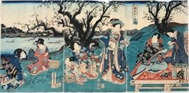 Japanese, 19th Century
Size: 14.25  x 29 in.
Framed: 22.5  x  36.5 in.
Color woodblock triptych
