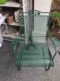 Nine pieces of outdoor metal furniture including tea cart