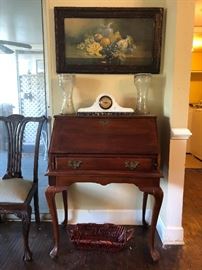 Small drop front desk, marble clock