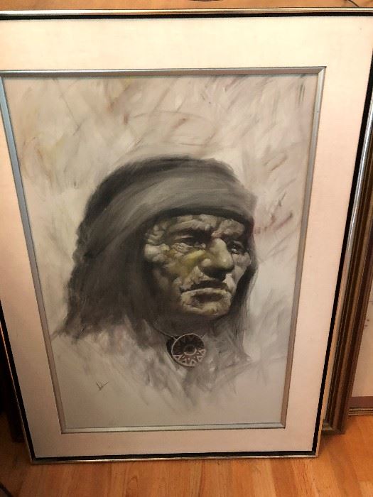 Native American Art signed Jimmie Abeita, New Mexico artist dated 1947. Size is  35.5” x 23.25”