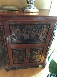 Bar cabinet Asian motif Carved 39.5” tall x 32” wide x 16” deep